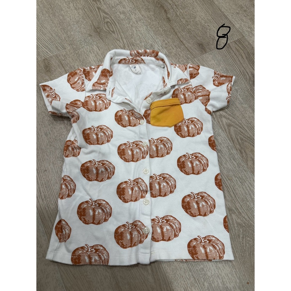KQ Pumpkin Button Up Shirt Short Sleeve Collared Top Baby Toddler Fall boys 8y